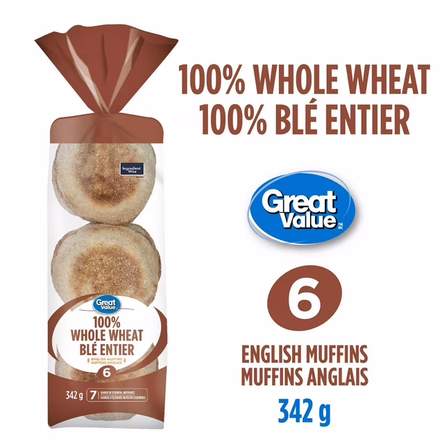 Great Value Whole Wheat English Muffins, 6 pk, 342...